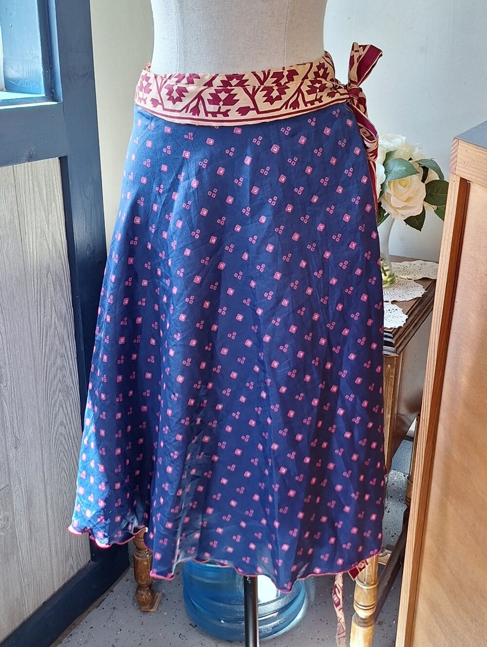 Boho Silk Blend Reversible Wrap Skirt Or "Magic Skirt" , Size 24(Adj Waist)